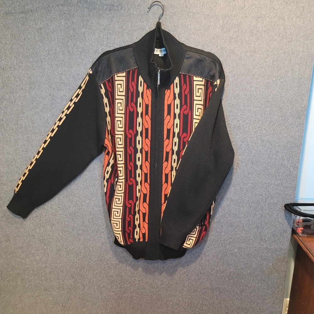 Stacy Adams Grandpa Black Zip Up Sweater Jacket‎ Geometric Chain Print Size L